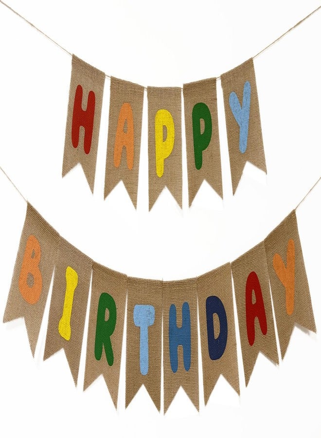 CROWNOS Burlap Rainbow Happy Birthday Banner Sign Garland, Prestrung, Colorful Kids Happy Birthday Party Decorations - Image 1
